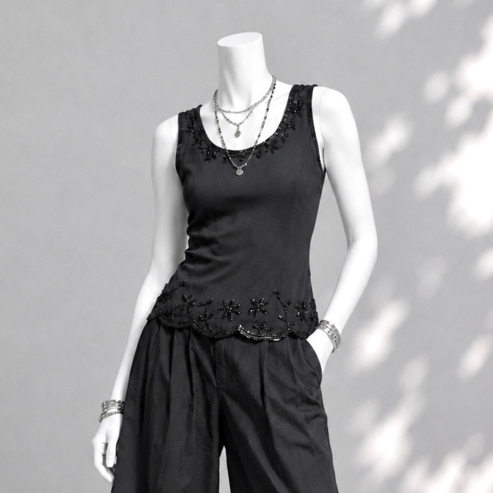 Zola Evening Black Silk Beaded Floral Scalloped Hem Sleeveless Top Small 3789010